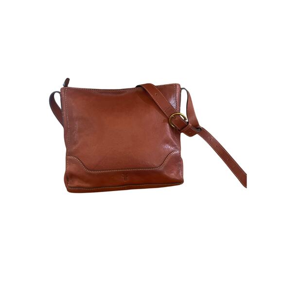 FRYE Messenger Crossbody Purse Bag Cognac Leather Top Zip - Picture 3 of 9